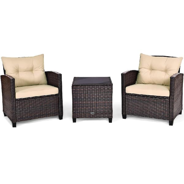 Costway 3-Piece Rattan Wicker Patio Conversation Set Sofa Coffee Table with Yellowish Cushions