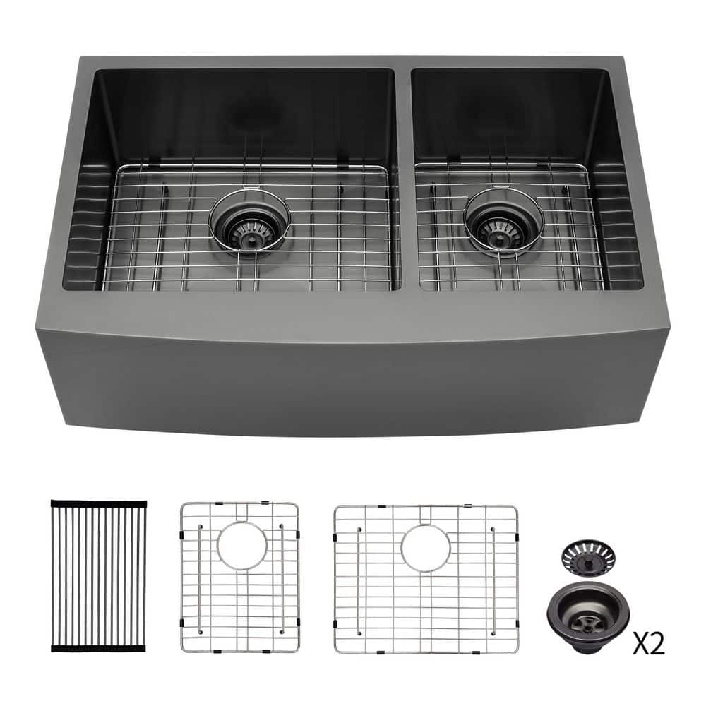 33 in. Drop-in 60/40 Double Bowl 16 Gauge Black Stainless Steel Kitchen Sink and Basin Rack price history on PriceWatchPro