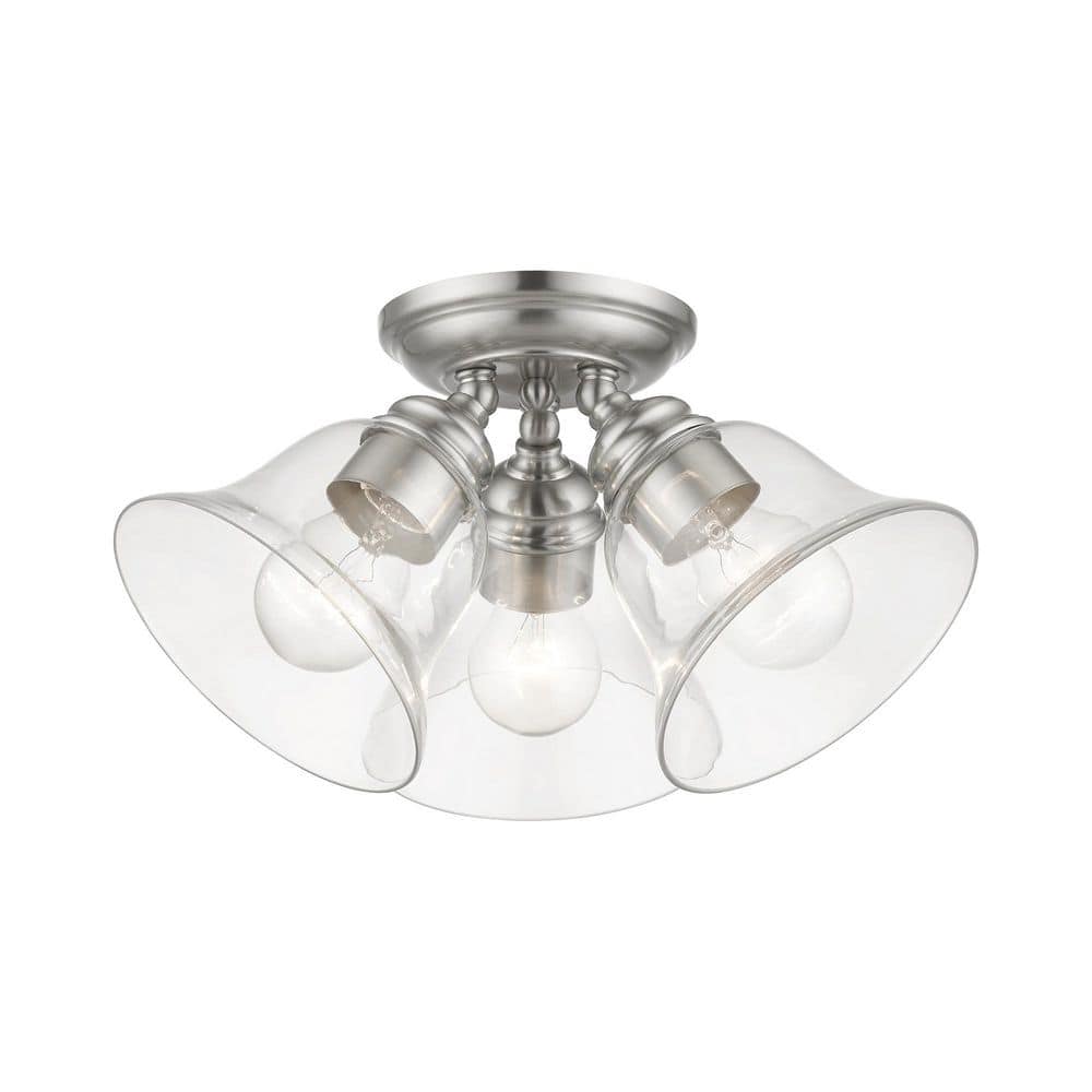 Transitional Brushed Nickel 3-Light Semi-Flush Mount with Clear Glass Shades