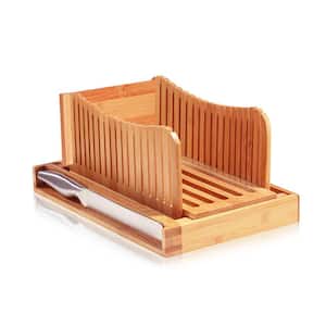 Bamboo Wood Foldable Cutting Guide Bread Slicer Set with Bread Knife and Crumb Tray for Loaf Bread, Cake and Bagels
