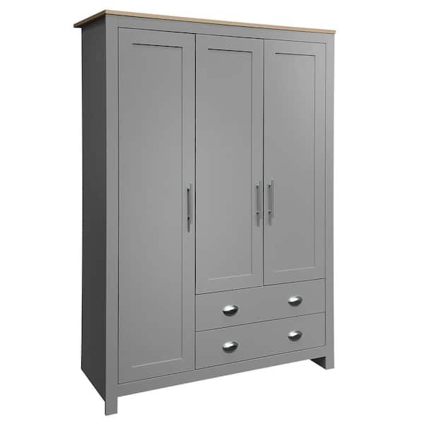 Gray Wood 47.2 in. Wardrobe with 3-Doors, 2-Drawers, and 2-Hanging Rods