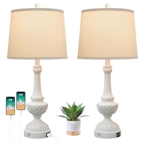 28 in. 3-Way Dimmable Touch Control Bedside Lamps with USB Charging Ports, Beige (Set of 2)