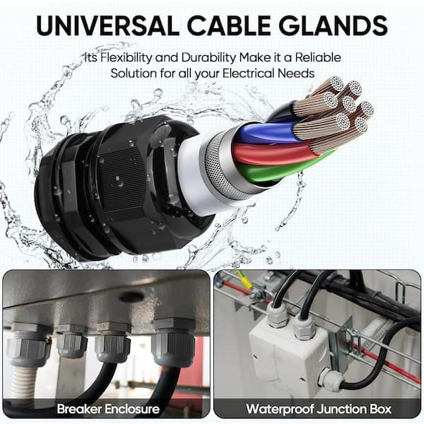 54-Pack Black NPT Cable Glands Kit – IP68 Waterproof Adjustable Nylon Connectors In 5 Sizes (1/4", 3/8", 1/2", 3/4", 1") For Junction Boxes, Cord Grip & Strain Relief