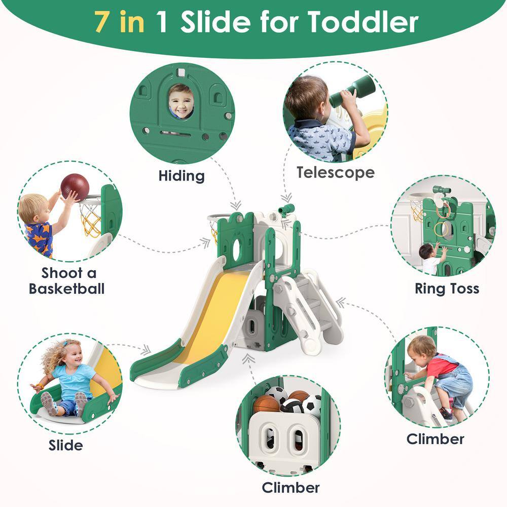 Green and Yellow L-Shaped 7-in-1 Toddler Slide with Basketball Hoop