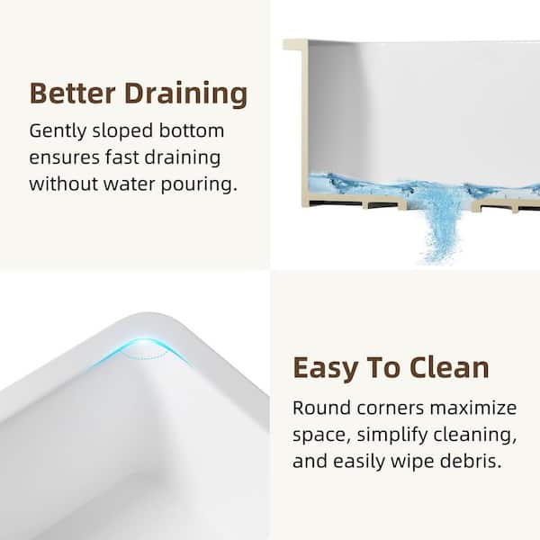 18 in. White Undermount Kitchen Sink, Dual Mount Square Fireclay Sink, Deep Single Bowl with Grid and Drain Strainer