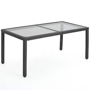 68 in. Gray Rectangular Rattan Outdoor Dining Table with Tempered Glass Top