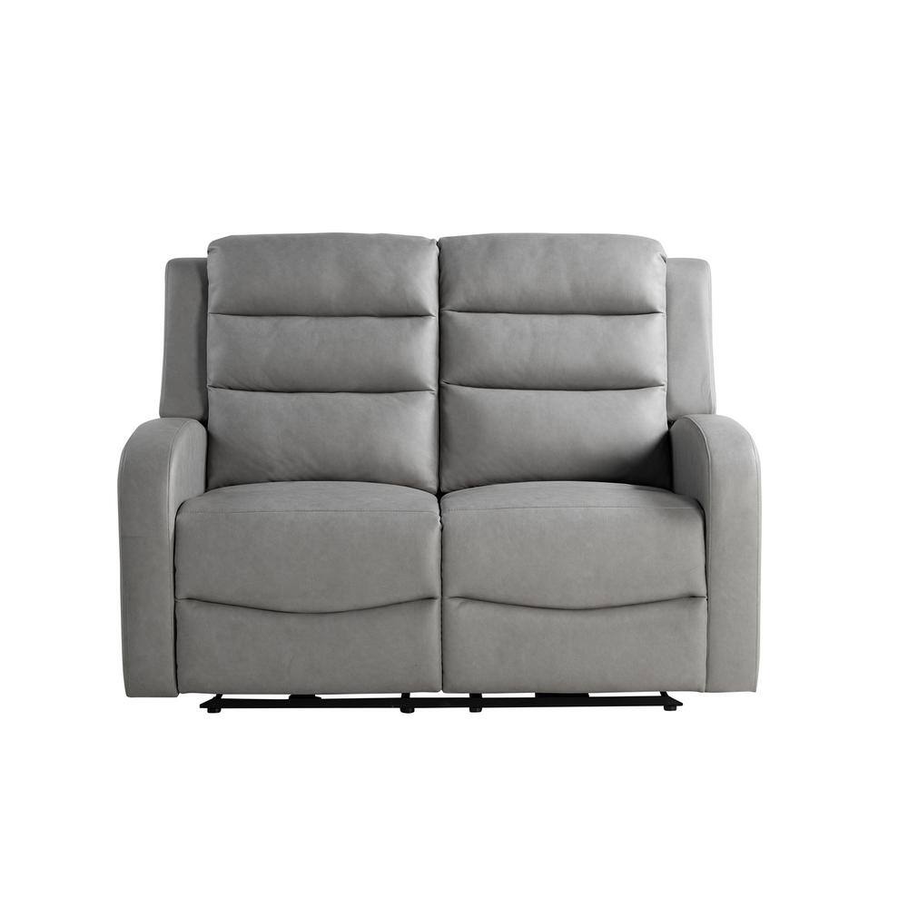 Gray Faux Leather Channel Tufted Reclining Loveseat with Acacia Wood