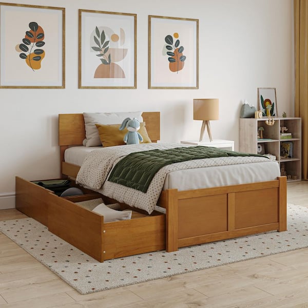 AFI Orlando Light Toffee Natural Bronze Solid Wood Frame Twin Platform Bed with Footboard and Storage Drawers