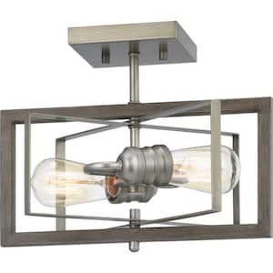 Palermo Grove 2-Light Antique Nickel Semi-Flush Mount, Rustic Farmhouse Ceiling Light with Weathered Wood Accents
