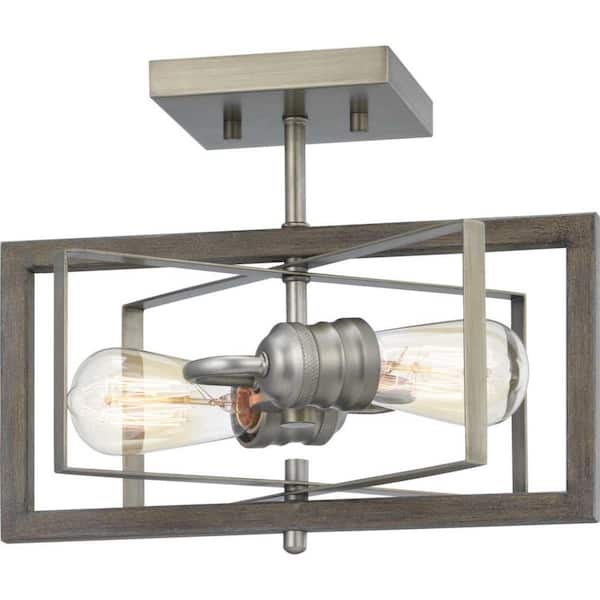 Home Decorators Collection Palermo Grove 2-Light Antique Nickel Semi-Flush Mount, Rustic Farmhouse Ceiling Light with Weathered Wood Accents