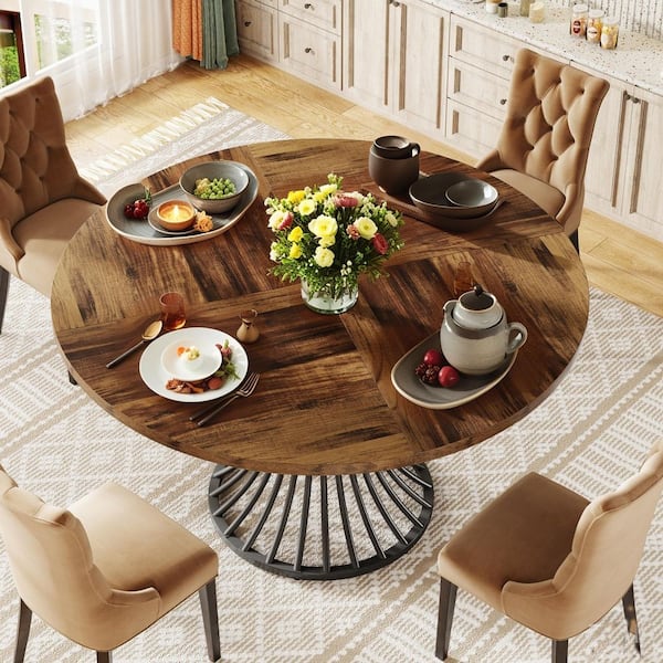 Bullen Rustic Brown Wood 47 in. Round Pedestal Dining Table with Metal Base Seats 4-6 People for Dining room,Living Room