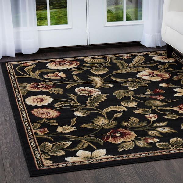 Optimum Amell Black/Green 5 ft. x 7 ft. Botanical Area Rug