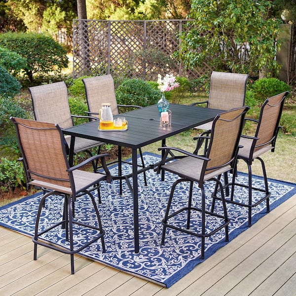 PHI VILLA Black 7-Piece Metal Rectangle Outdoor Patio Bar Set with Bar Table and Swivel Bistro Chairs
