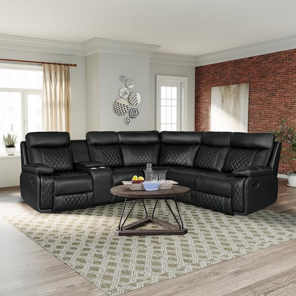 Harper & Bright Designs 99.6 in W Square Arm Faux Leather L-Shaped Reclining Sectional Sofa in. Black with Cup Holders and Hide-Away Storage