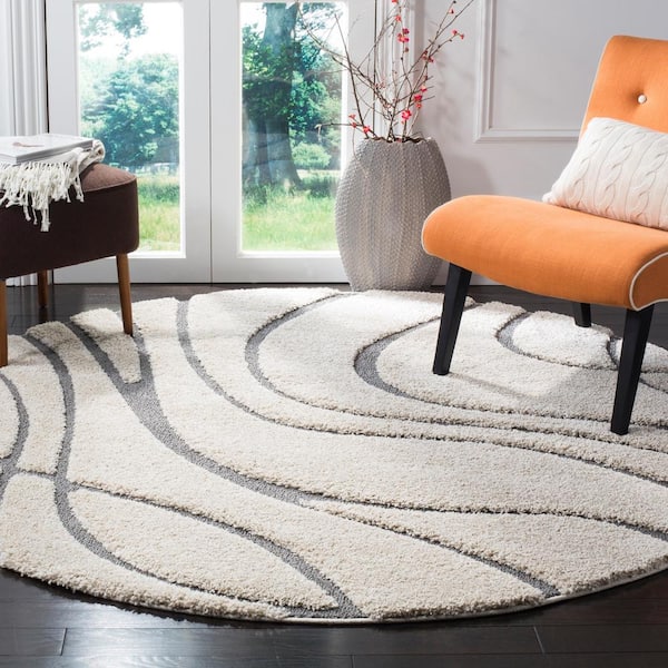 Florida Shag Cream/Gray 9 ft. x 9 ft. Round Solid Area Rug