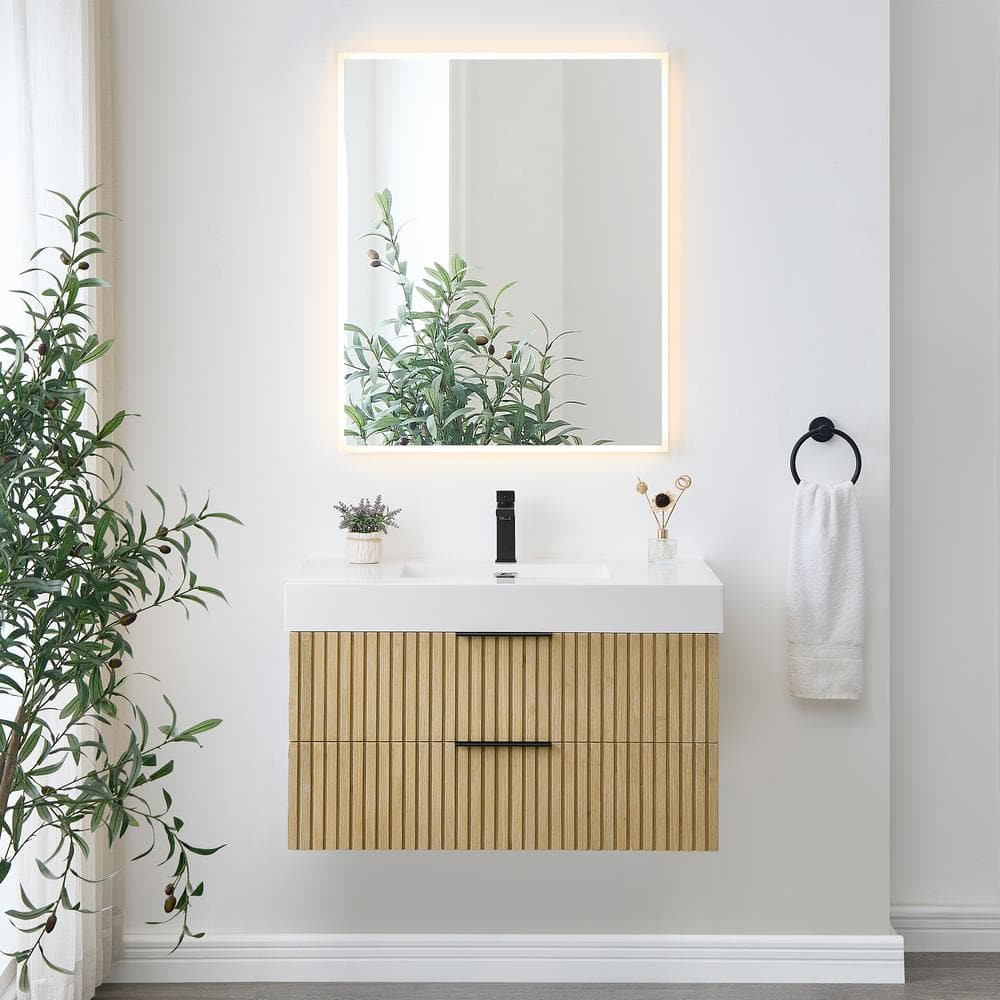 Livia 36" Nature Brown Fir Wood Wall-Mounted Vanity with White Sink