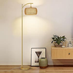 65 in. Gold Boho Dimmable 1-Light Arc Floor Lamp with Rattan and Fabric Drum Shade, Remote, APP, Foot Switch