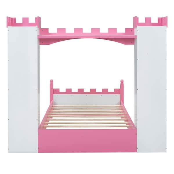 White/Pink Wood Frame Twin Size Platform Bed with Storage Shelf