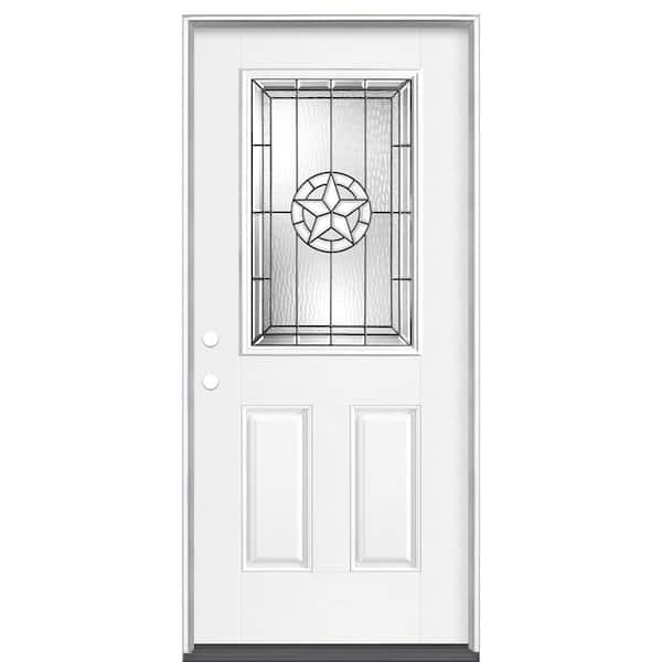 Masonite 36 in. x 80 in. 2 Panel Right-Hand/Inswing 1/2 Lite Decorative Glass Primed White Fiberglass Prehung Front Exterior Door