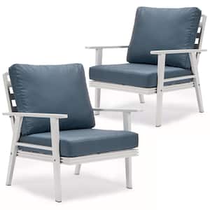 Walbrooke Modern White Aluminum Outdoor Arm Chair w/ Powder Coated Frame & Removable Cushions in. Navy Blue (Set of 2)