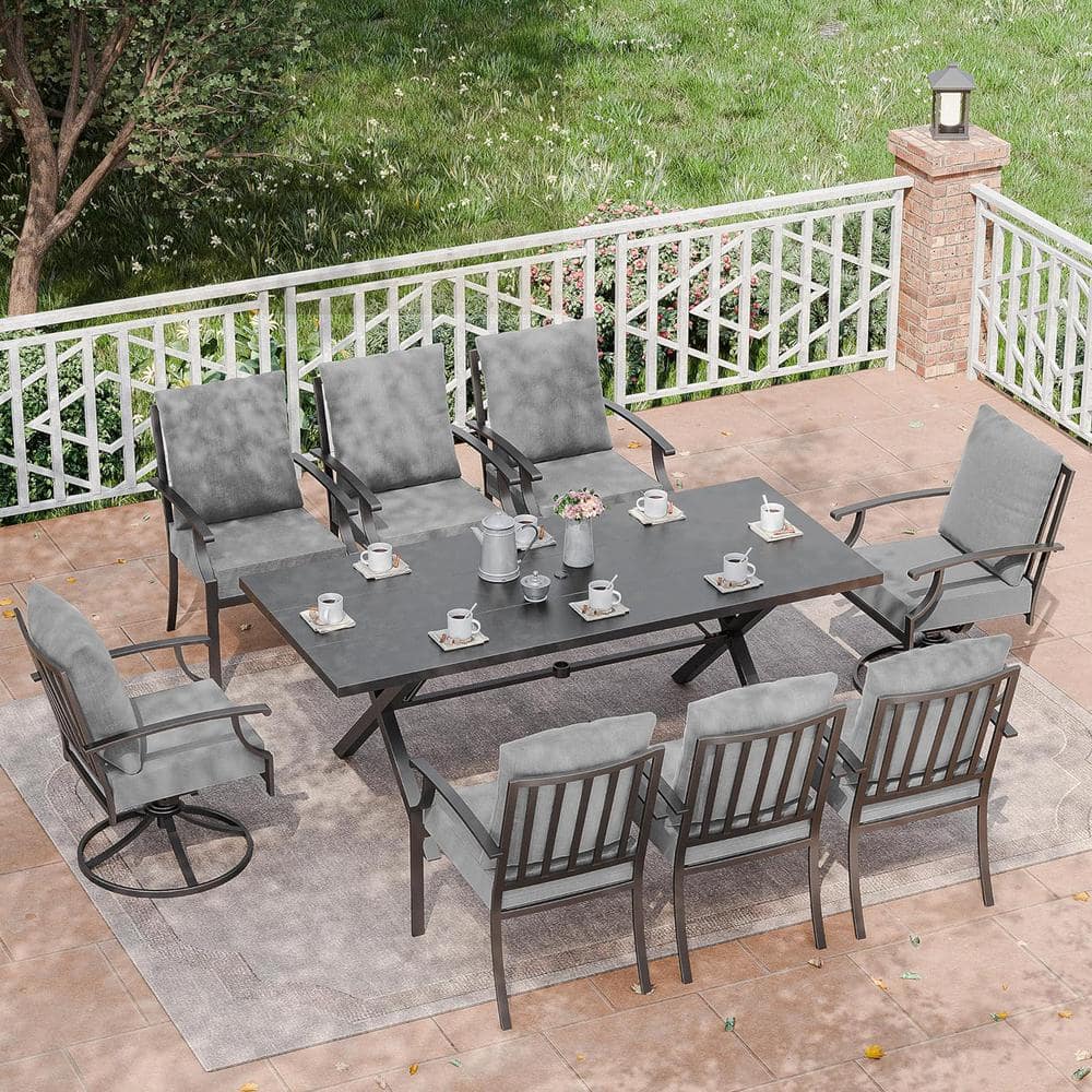 Halmuz 9-Piece Metal Patio Outdoor Dining Set with 2 Swivel Chairs, 6 Chairs, Large Table, Umbrella Hole and Grey Cushions