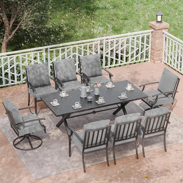 Halmuz 9-Piece Metal Patio Outdoor Dining Set with 2 Swivel Chairs, 6 Chairs, Large Table, Umbrella Hole and Grey Cushions