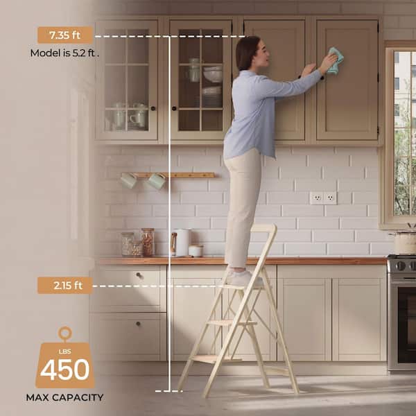 3-Step Lightweight Aluminum Step Stool (7 ft. Reach) 450 lb. Load Capacity w/ Anti-Slip Wide Pedal and Handrails, Beige