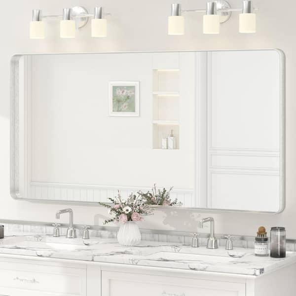 60 in. H x 30 in. W Rectangular Tempered Glass and Aluminum Alloy Framed Wall Bathroom Vanity Mirror in Brushed Silver
