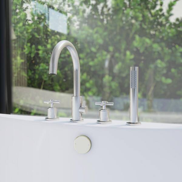Atlantic Double-Handle Deck Mounted Roman Tub Faucet with Handshower in Brushed Nickel