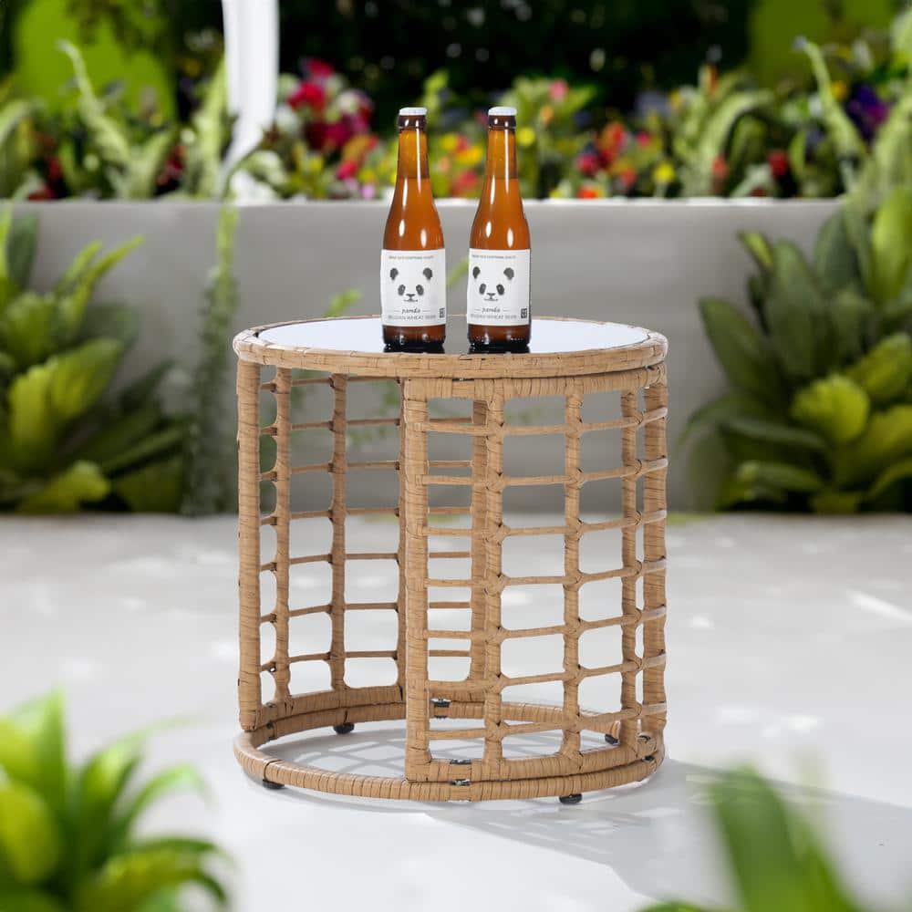 Patio Wicker End Table, Brown Rattan Round Glass Top Wicker Coffee Table Si