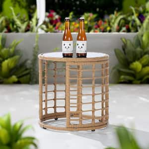 Patio Wicker End Table, Brown Rattan Round Glass Top Wicker Coffee Table Side Storage Table