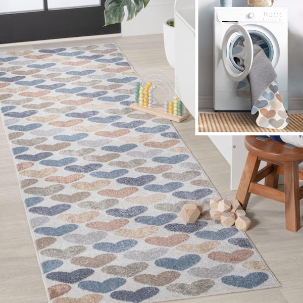 JONATHAN Y Dila Modern Hearts Geometric Machine-Washable Ivory/Blue/Orange 2 ft. x 8 ft. Runner Rug