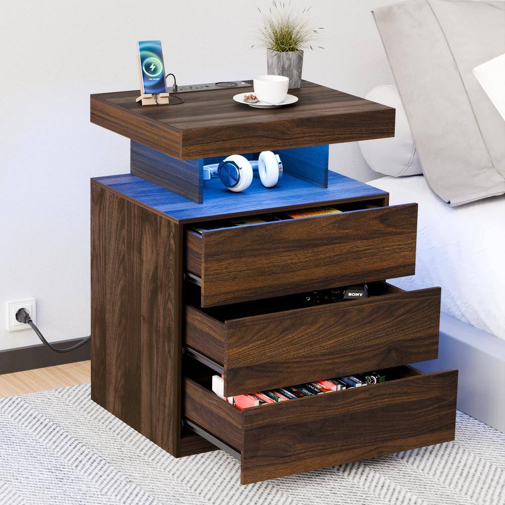 Modern Walnut 3-Drawer 26.8 in. H x 19.7 in. W x 15.8 in. D Nightstand with Charging Station and RGB LED Light Strip