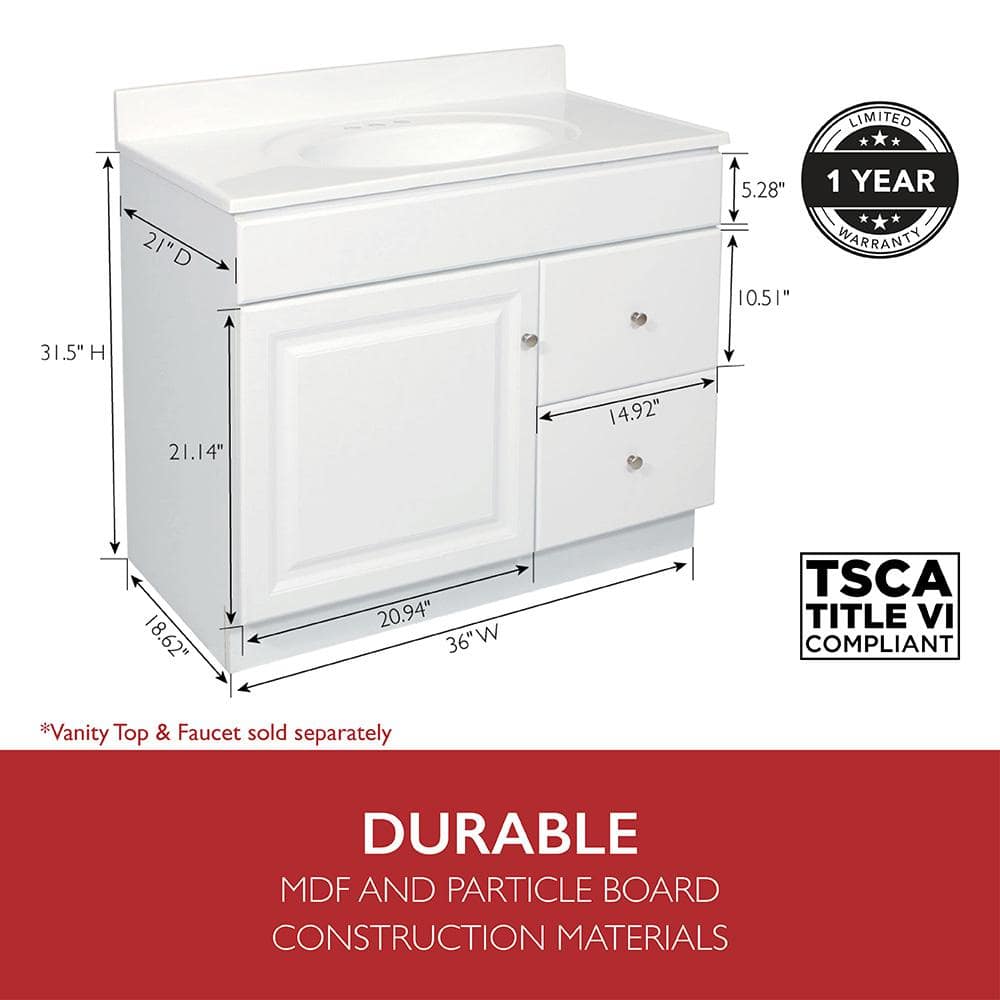 Wyndham 36-Inch White Freestanding Bathroom Vanity Cabinet
