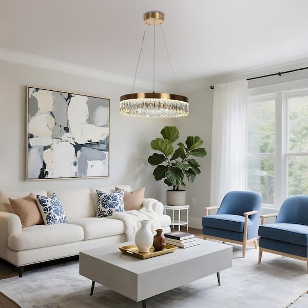 Glam 1-Light Brass Drum Chandelier, Integrated LED Contemporary Pendant Lights with Crystal Accent for Living Room