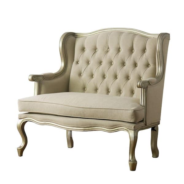 Benjara 25 in. Cream Solid Linen 2-Seater Loveseat with Wingback and Button Tufted