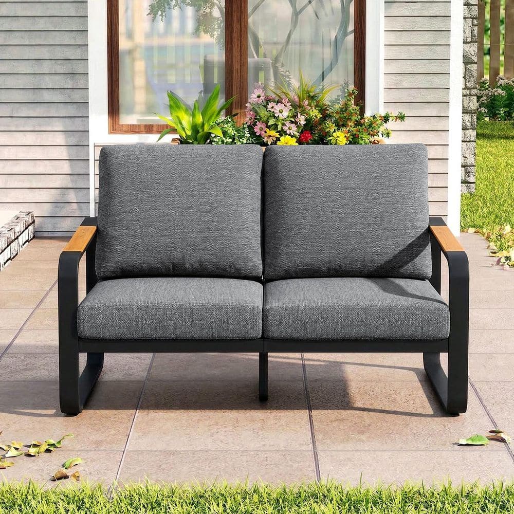 Black Metal Frame Outdoor Loveseat with Gray Cushions with Tall Back & Oversized Seat for Backyard, Porch, Balcony price history on PriceWatchPro