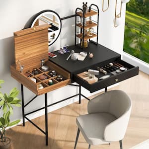 Black Makeup Vanity Table with 3-Mode Lighted Mirror, Wireless Charging, USB, Drawer, Flip-Open Storage Box, 3-Shelves