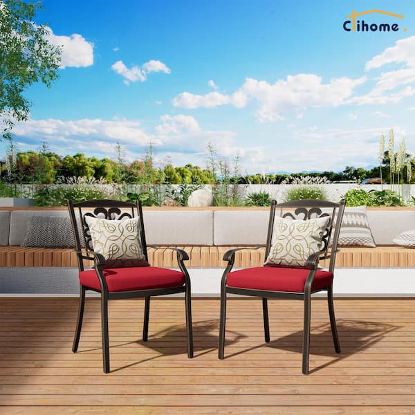 Clihome Set of 4-Cast Aluminum Outdoor Flower-Shaped Backrest Dining Chair with Red Cushions