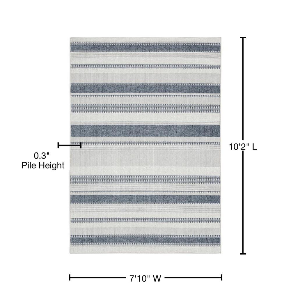 Dark Blue and Cream Striped Synthetic 8' x 10' Indoor/Outdoor Rug