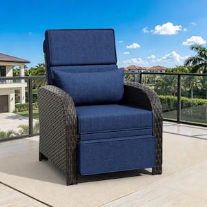 1-Piece Brown Wicker Outdoor Patio Recliner Chair Adjustable Backrest with Blue Cushions