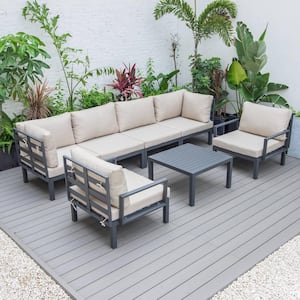 Hamilton 7-Piece Aluminum Modular Outdoor Patio Conversation Seating Set With Coffee Table & Cushions in Beige