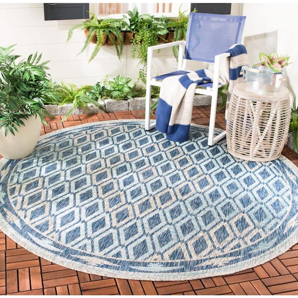Courtyard Navy/Gray 7 ft. x 7 ft. Round Border Indoor/Outdoor Patio  Area Rug