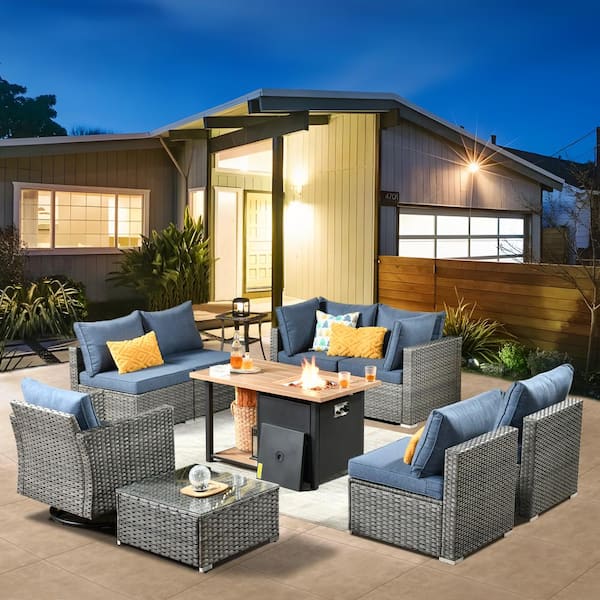 weaxty W Daffodil N Gray 10-Piece Wicker Patio Storage Fire Pit Conversation Set with Swivel Rocking Chair and Denim Blue Cushion
