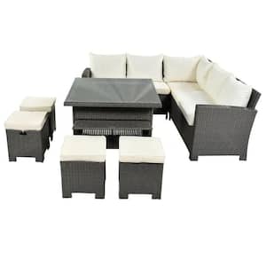 8 -Piece Beige Brown Rattan Steel Frame Wicker Outdoor Patio Sectional Sofa Set with Cushions