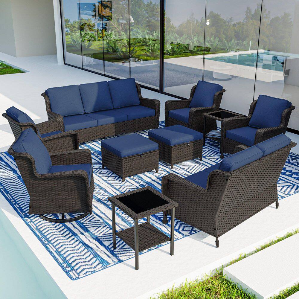 10-Piece Furniture Set Wicker Patio Conversation Set Seating Group Swivel Rocking Chairs with Blue Cushions price history on PriceWatchPro