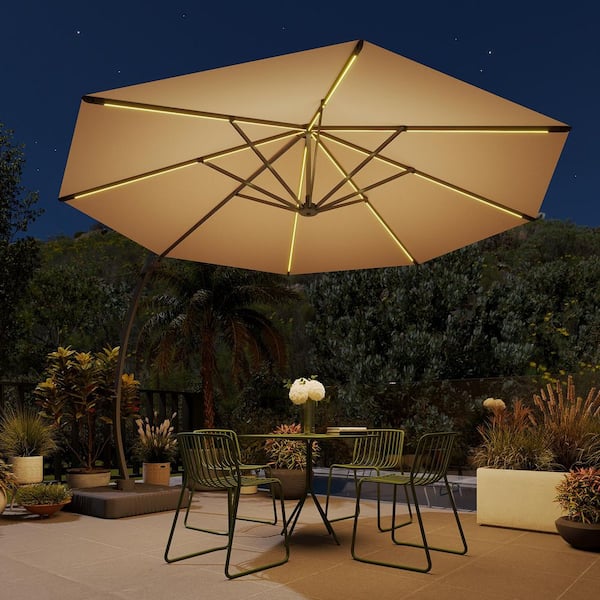 Sizzim 11 ft. Aluminum Solar LED Cantilever Patio Umbrella with Base in  Beige SM-G16018 - The Home Depot