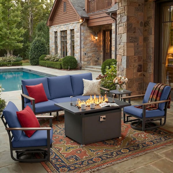 5-Piece Patio Conversation Set with 55000 BTU Fire Table, 3-Seat Sofa, 2 Swivel Rockers, Side Table, Navy Blue Cushions