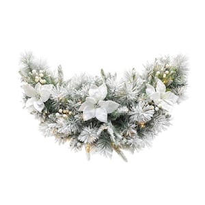 3 ft. L Pre-Lit Flocked Greenery Pine White Poinsettia and Berries Christmas Swag with 50 Warm White Lights and Timer