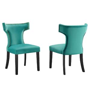 Curve Teal Performance Velvet Highbacked Nailhead Trim Dining Side Chair (Set of 2)